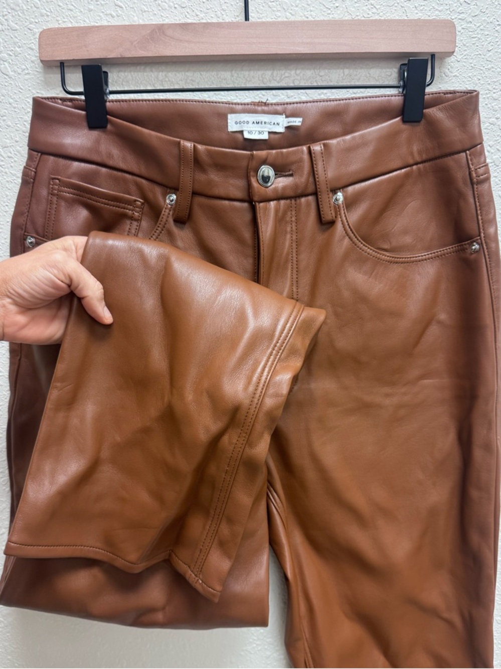 Good American Tan Cognac Leather Pants